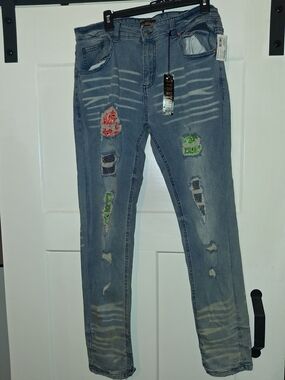 GS-115 Relaxed Fit Light Blue Distressed Men’s Jeans with Patchwork BNWT